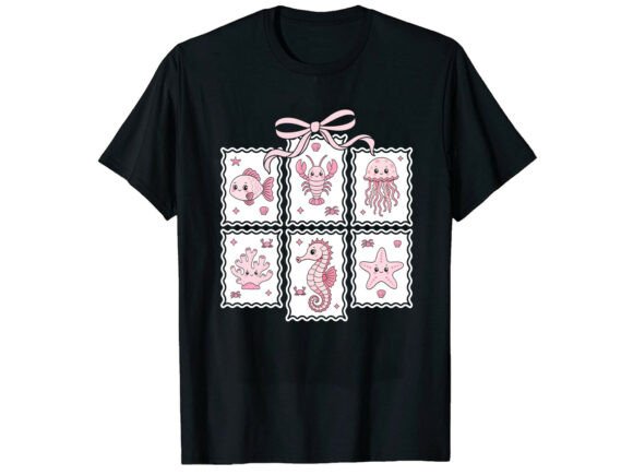 Adorable Coastal Summer T-Shirt Design: Sea Creatures in Pink